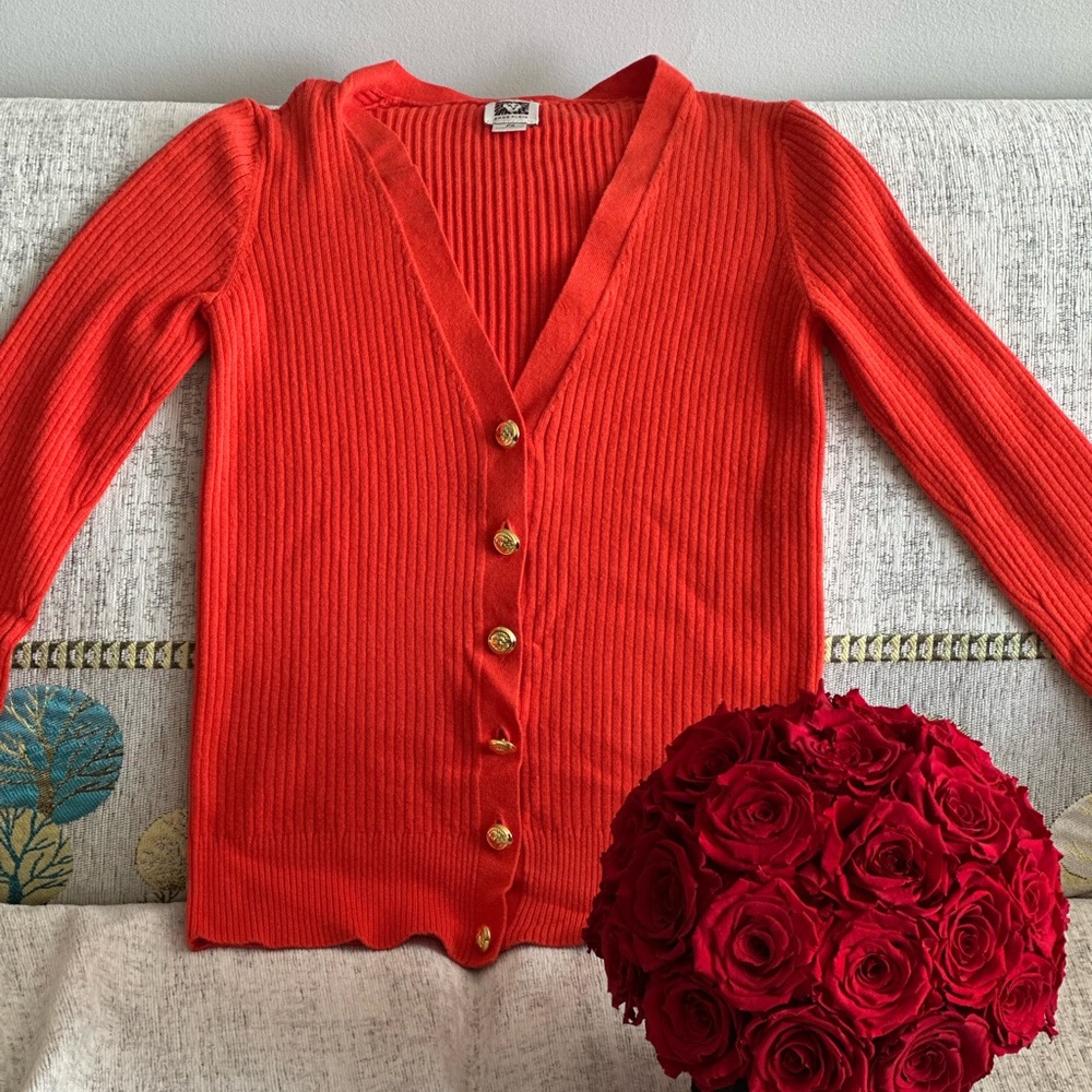Anne Klein Bright Orange Cardigan with Gold Buttons